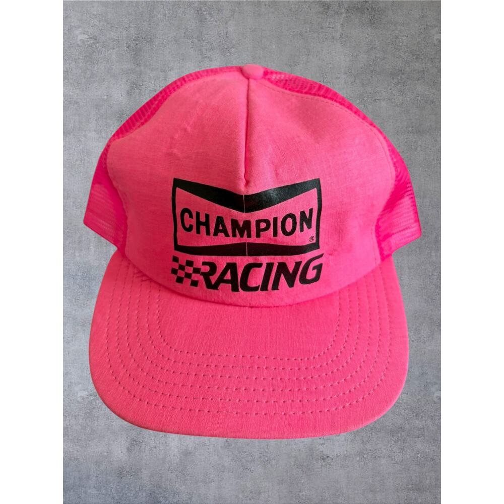 Vtg Champion Racing Trucker Hat Snapback Neon Pink Mesh Cap Made in USA 90s